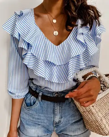 Women's Blouse OL Elegant Striped Plaid Off Shoulder Ruffle Long Sleeve Sexy Shirt Fashion Office Loose Casual Tops Streetwear