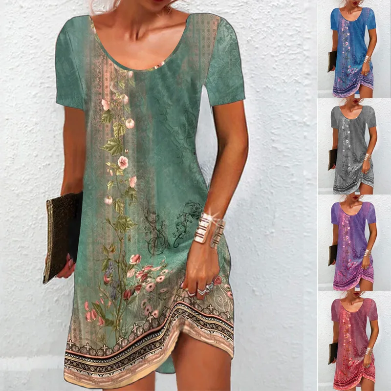 

Women's Summer New Floral Print Short Sleeve Skirt Dress