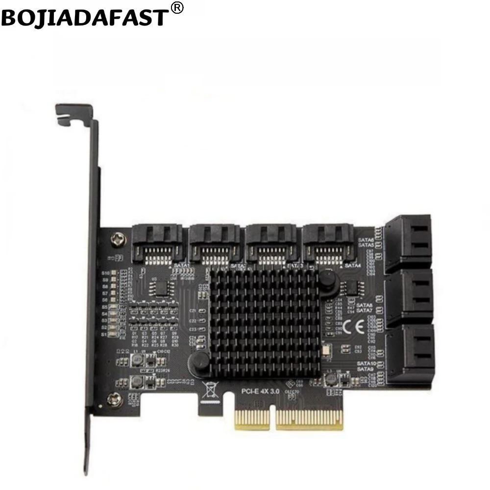 Фото Горячая новинка 2026: Адаптер-райзер для расширения PCIe x4 (PCI-E 3.0 4X) с 10 портами SATA 3.0 (ASM1166 + JMB575) для жестких дисков №2