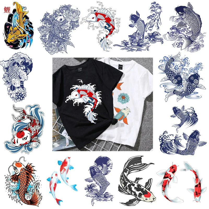 

Chinese Style Lucky Koi Heat Transfer Patches for Clothes Fish Thermo Transfer Stickers Badges Washable DIY T-shirt Decorate