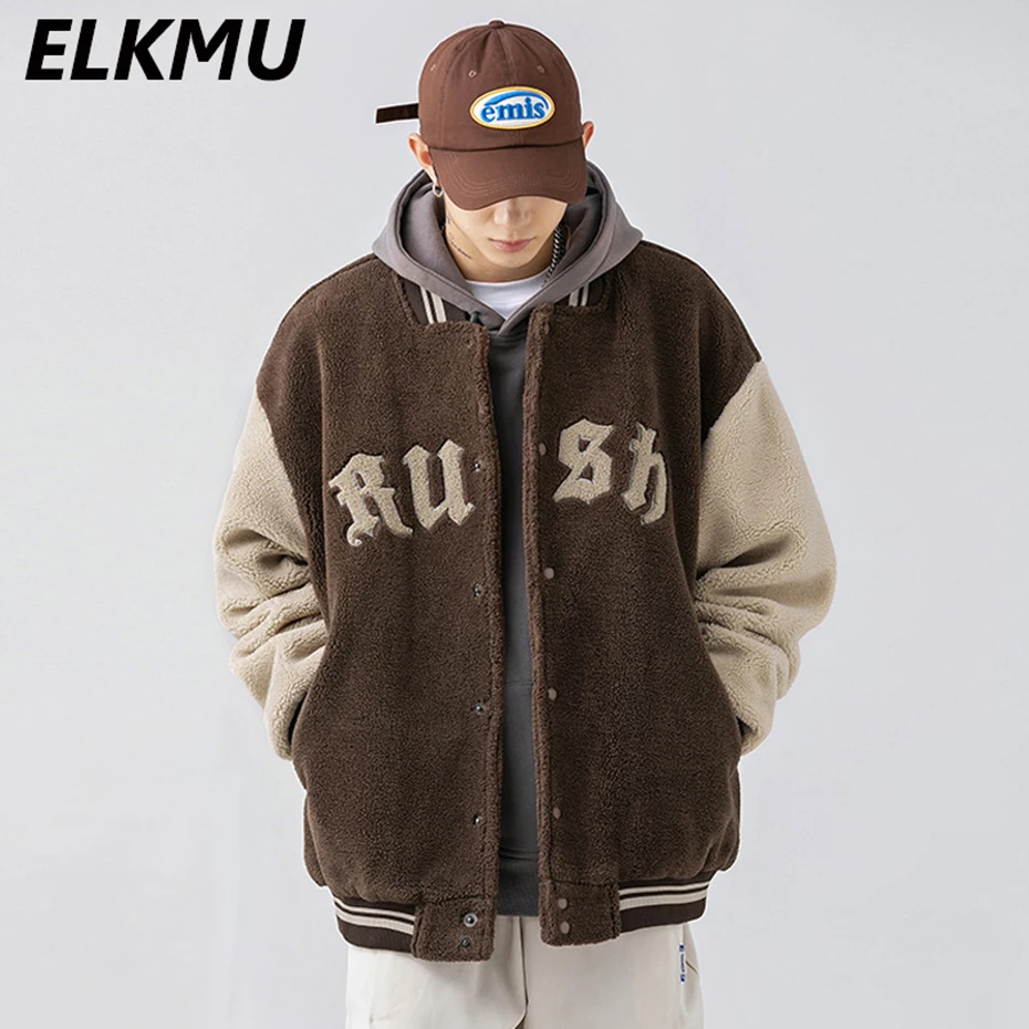 

Autumn Winter Fluffy Jackets Colorblock Splicing Bomber Jackets Men Women Coats Varsity Jacket Couples Outwear