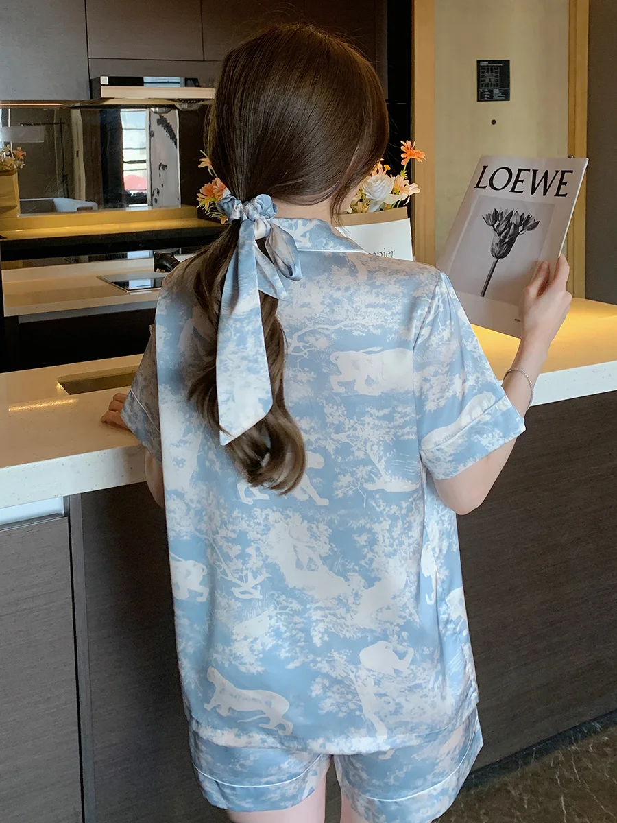 Summer new ice silk country tide print cardigan short-sleeved pajamas women's summer comfortable silk home service hairband