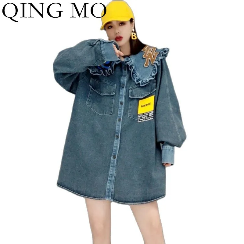 

Женская Джинсовая блузка с отложным воротником QING MO, голубая свободная Джинсовая блузка с длинными рукавами, большие размеры, весна 2022