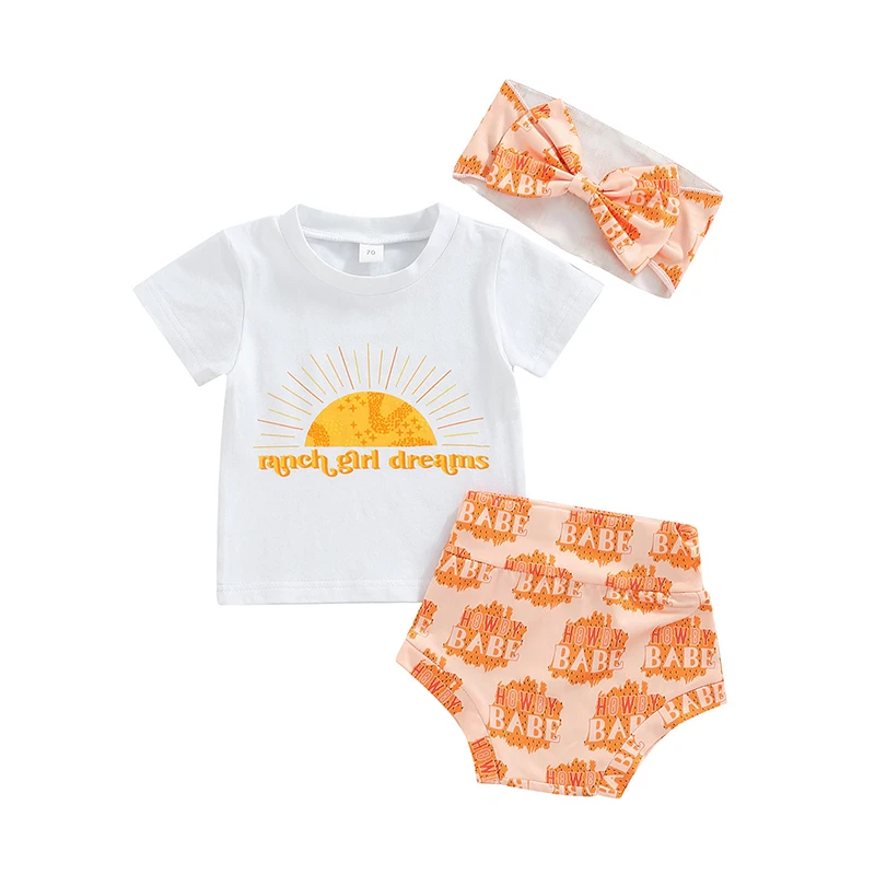 

Летняя футболка с коротким рукавом и надписью на солнце для маленьких девочек, топы, шорты, повязка на голову, комплект одежды, детская одежд...