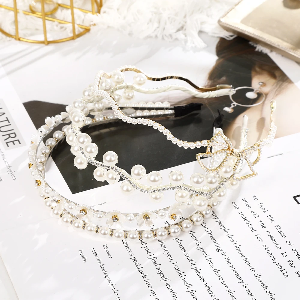 

Жемчужный Цветок из горного хрусталя лента для волос ободок для волос женские элегантные повязки на голову для девушек бант ретро аксессуа...