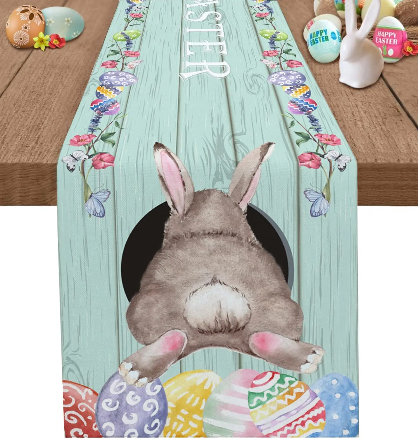 

Spring Table Runner Easter Rabbit Easter Eggs Floral Table Runners Cloth for Kitchen Dining April Holiday Party Decor 13x70 Inch