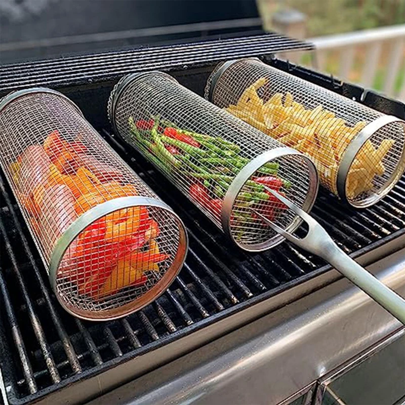 

New Rolling Grilling BBQ Basket Stainless Steel Leakproof Mesh Barbecue Rack Outdoor Picnic Camping Simple Cylindrical BBQ Grill