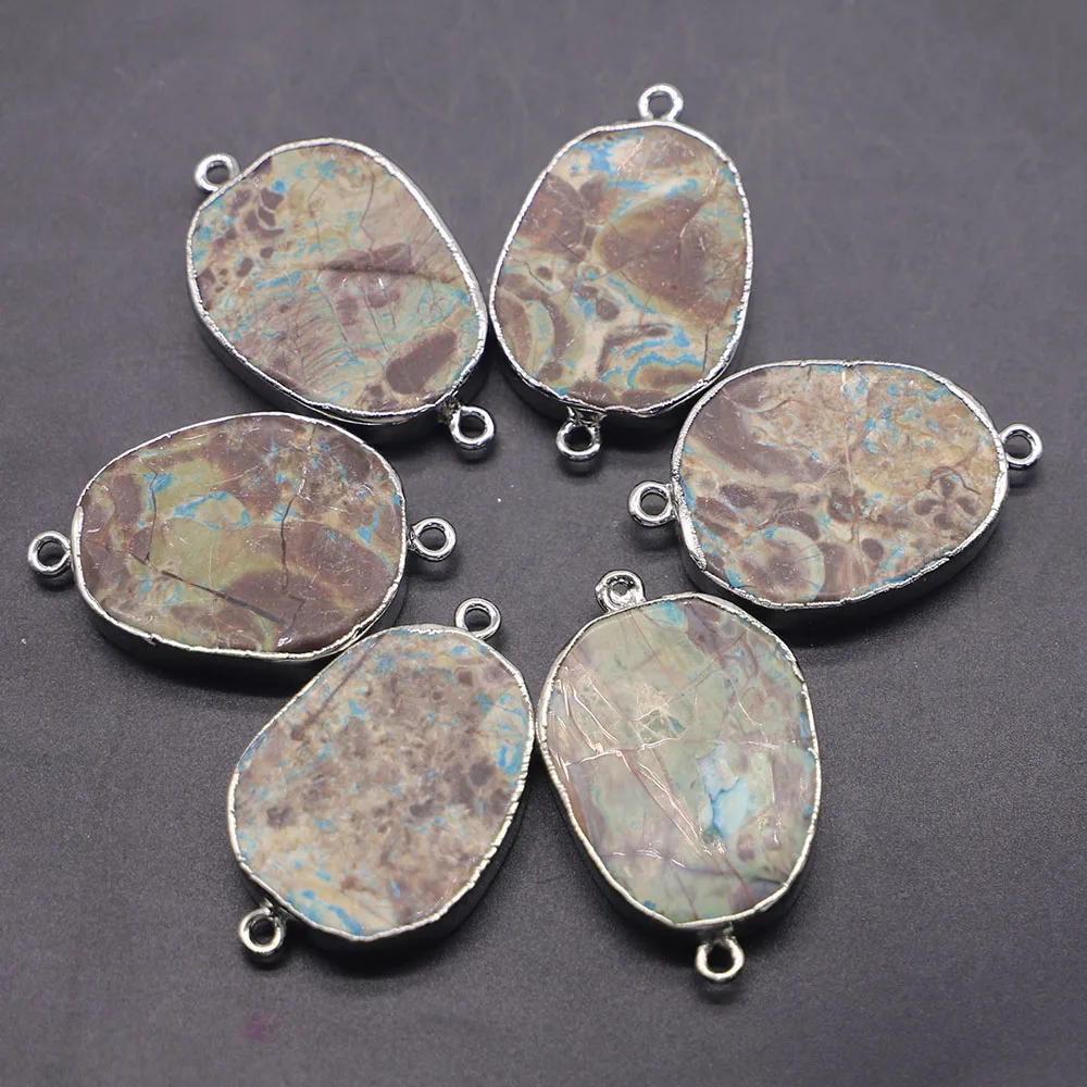 Natural Ocean Stone Oval Silver Edge Pendant Connector Section Mineral Healing Necklace Charm Jewelry Accessories Wholesale 5Pcs