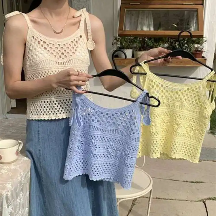 Летний трикотажный SleeveleSS EmbroidErEd крюк корейская мода жилет с короткими рукавами |