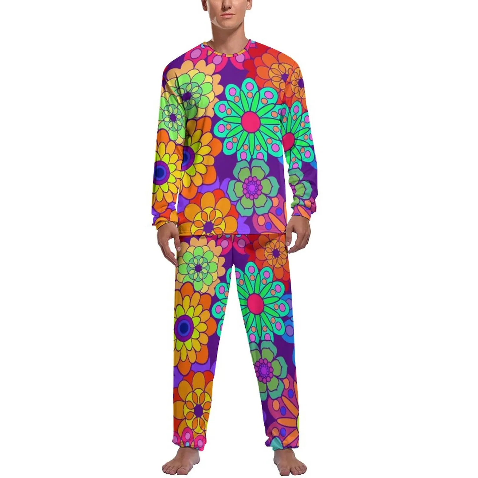 

Colorful Bright Flowers Pajamas Long Sleeve Retro Hippy Flower 2 Pieces Room Pajama Sets Spring Male Graphic Kawaii Nightwear
