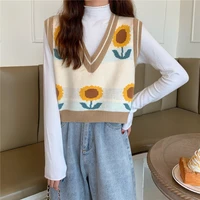 sunflower print vintage sweater vest women loose v neck pullover sleeveless top women short knitted vest springautumn