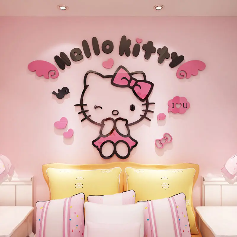 DIY Assemble Cartoon Sanrio Hallo Kitty Wall Sticker Acrylic Crystal 3D Kitty Cat Wall Sticker Kids Girls Bedroom Home Decor