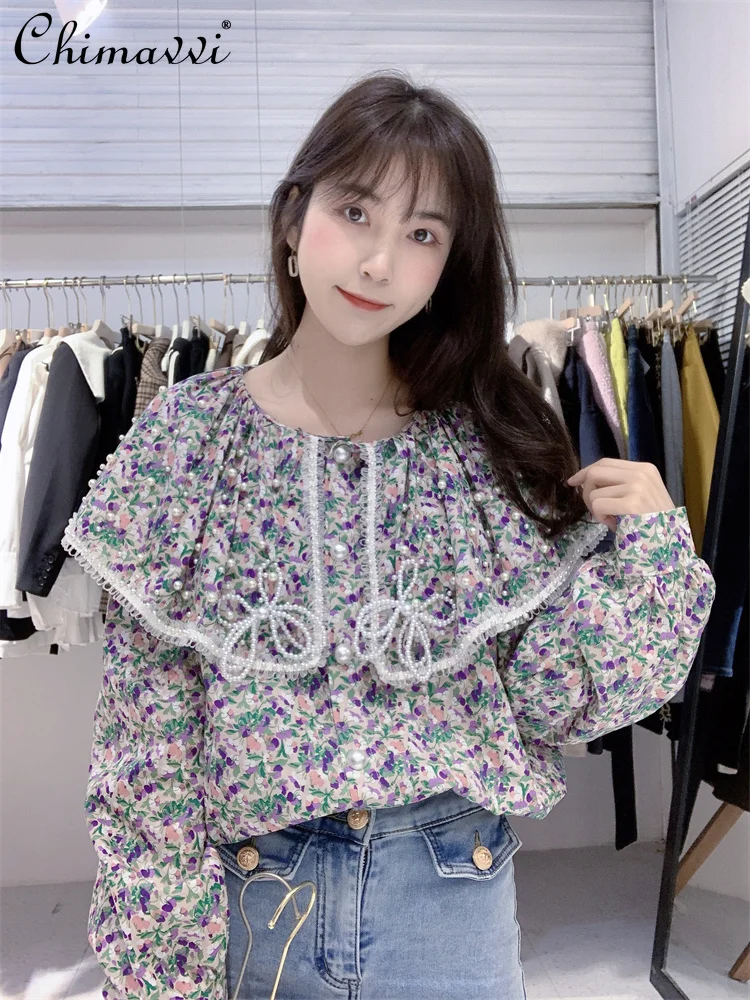 

2022 Spring Clothes New Heavy Beads Lotus Collar Floral Shirt Fashion Sweet Loose Elegant Long Sleeve Blouse Women's Tops