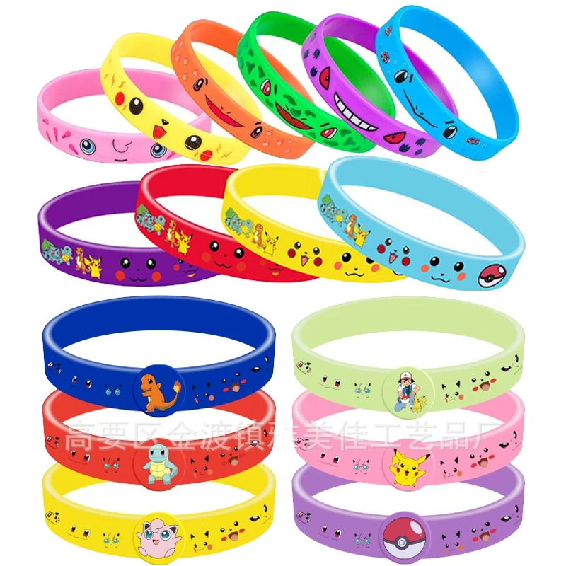 

Pikachu Children Wristband Anime Cartoon Pins Silicone Bracelet Pokemon Birthday Party Badge Bangles Kids Jewelry Accessories