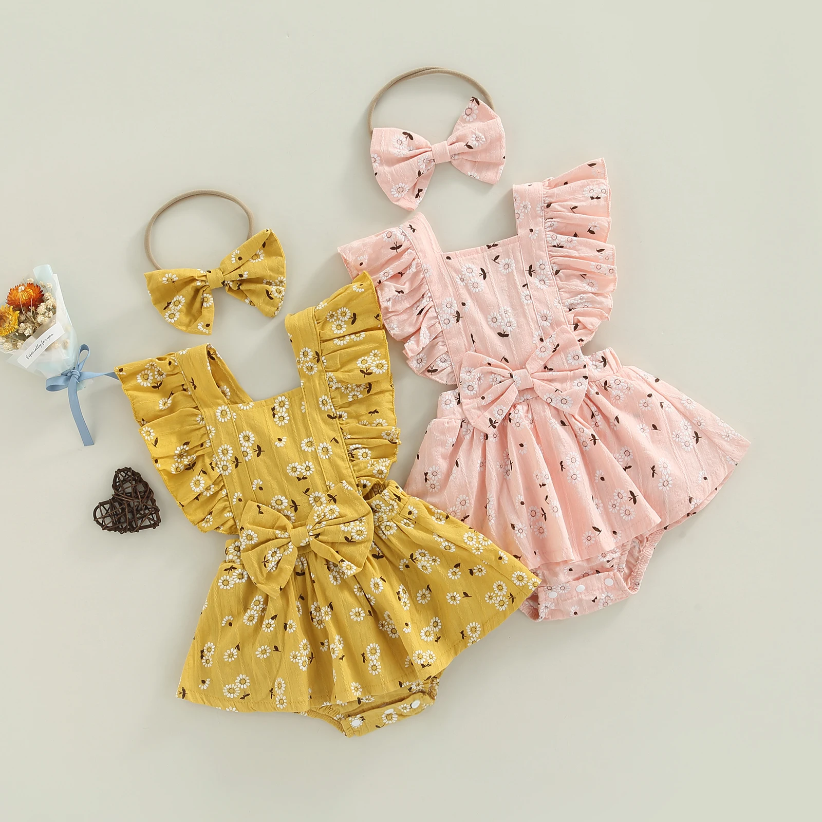 

Baby Girls Clothing Summer Bodysuit with Headband Sleeveless Ruffle Flower O-Neck Dress-Like Infant Bow Triangle Snap Jumpsuit