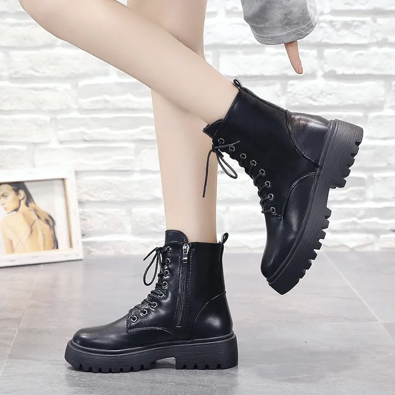 2022 Winter Women Boots Fashion Ankle Boots Woman Shoes Platform Boots Lace-up Ladies Motorcycle Booties Zapatos De Mujer