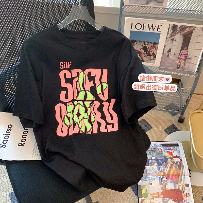 

Letter Cartoon Black Round Neck T-shirt Women's Short-sleeved Summer Loose Casual Top Graphic Tees Women Cotton Tshirts