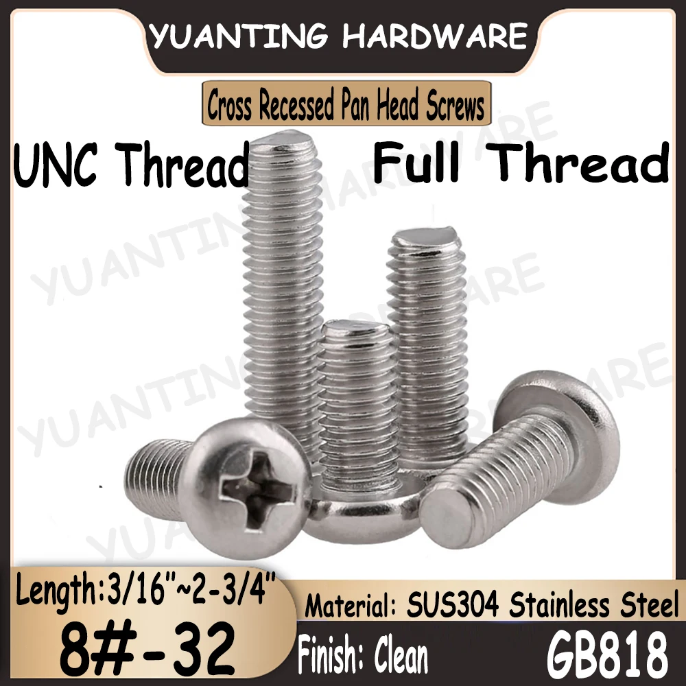 

10Pcs 8#-32x3/16''~2-3/4'' UNC Thread GB818 SUS304 Stainless Steel Cross Recessed Phillips Pan Head Screws with Full Thread