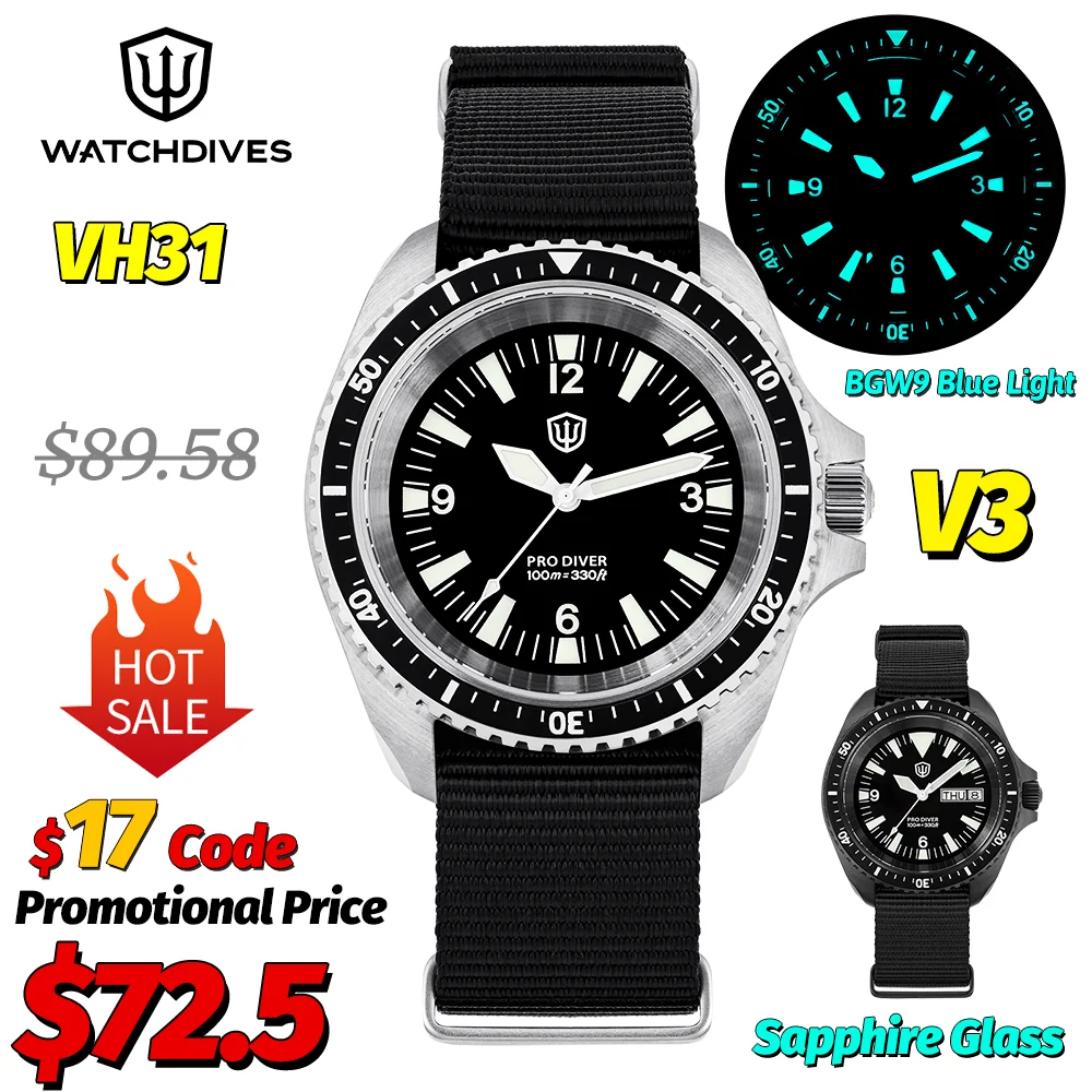 Фото Watchdives WD1980 V3 Винтажные часы VH31 Кварцевый механизм Часы из нержавеющей стали Светящийся сапфир 10 бар Водонепроницаемые наручные часы №1