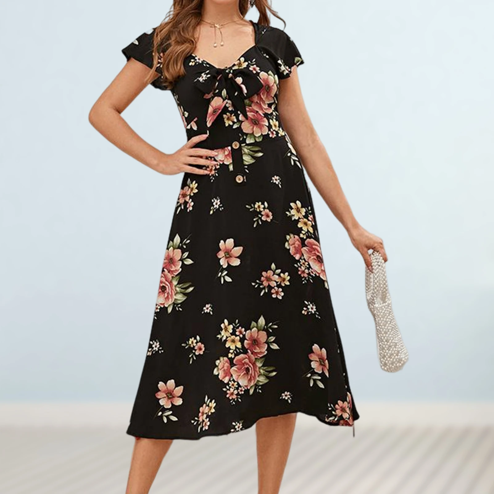 

Платье с коротким рукавом, праздничное модельное платье на шнуровке, с цветочным принтом, модная темпераментная Повседневная богемная пляжная уличная одежда с коротким рукавом