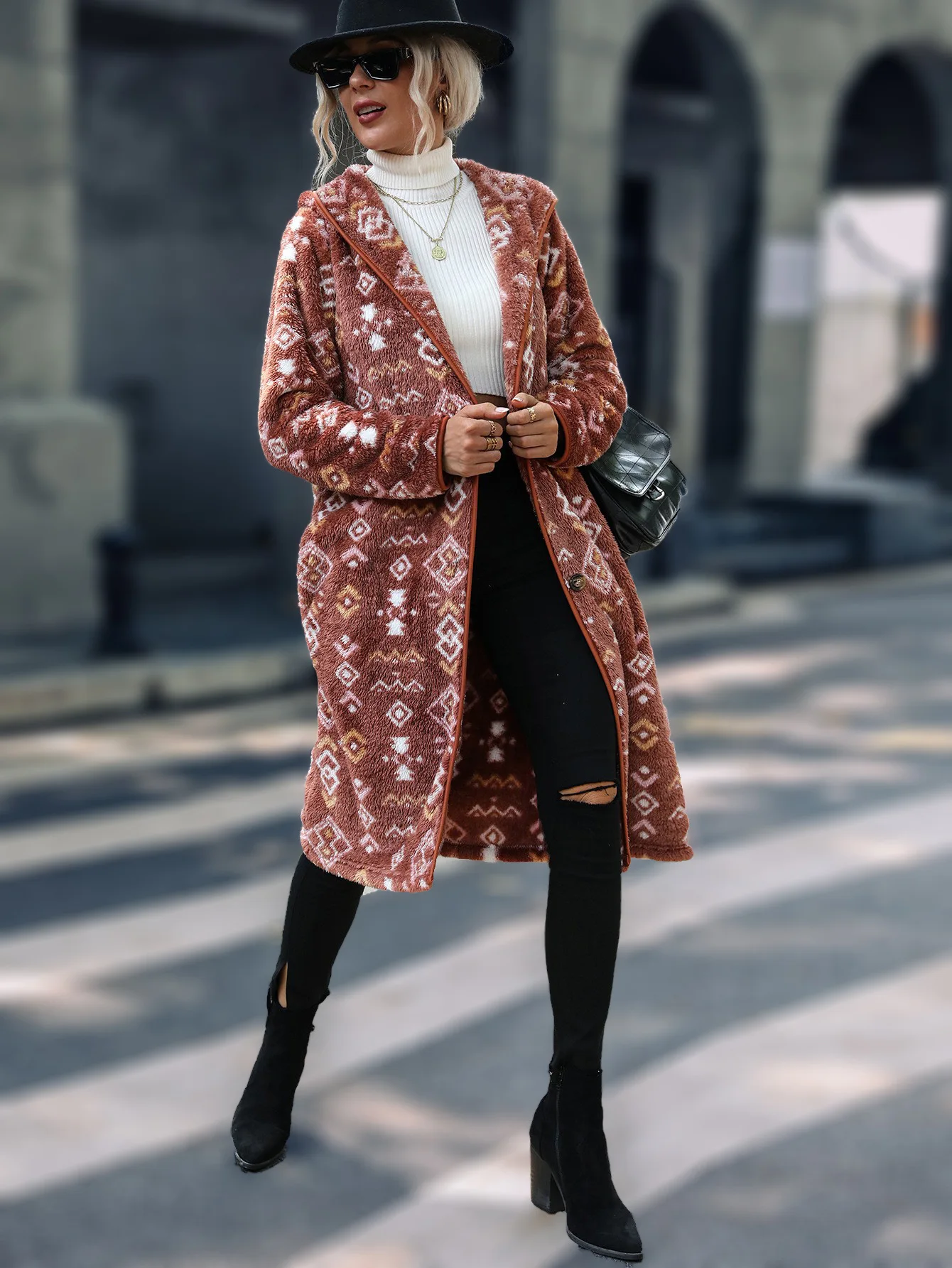 Fashion New Women's Hooded Long Sleeve Geometric Printing Single breasted Extended Regular Plush Coat
