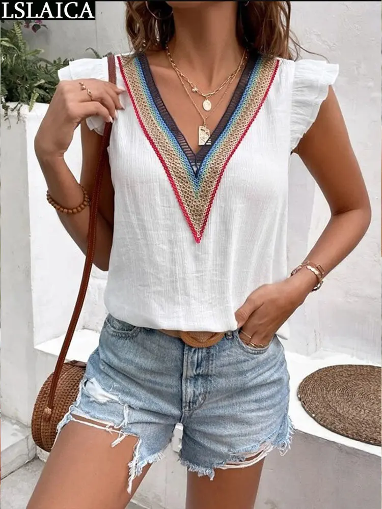 

Lace Splic Blouses Women Clothing V Neck Top Fashion Wholesale Women's Free Delivery Elegant New Shirt 2023 Solid Color T-shirt