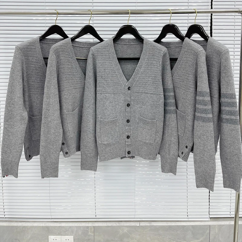 TB THOM Men Casual Cardigan Sweaters Woolen Gray Blue Four-Bar Cardigan Sweater Fashion Vintage  Coat Knitted Jackets Coat