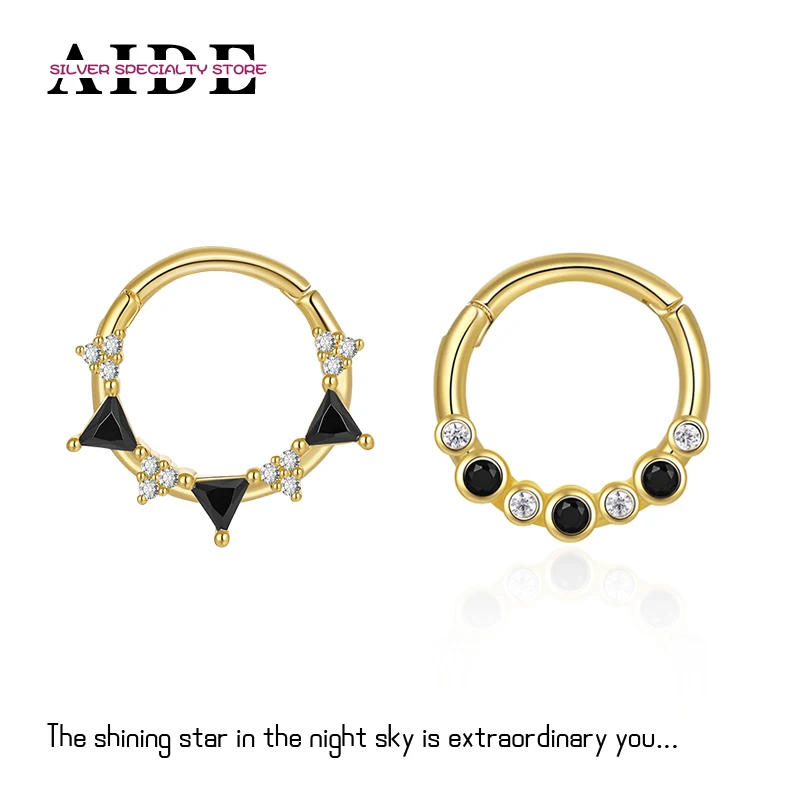 

AIDE 925 Sterling Silver Geometric Black Zircon Opal Piercing Cartilage Hoop Earrings For Women Jewelry Ear Buckle Brincos Gifts