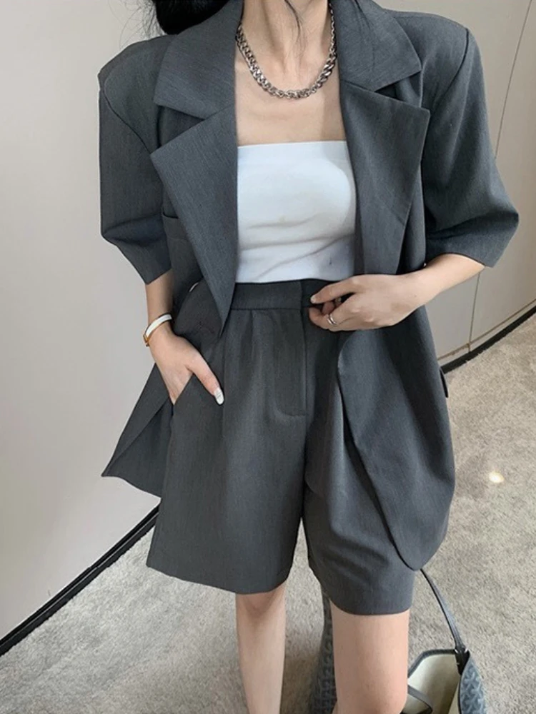 

Women Summer Elegant Blazer Suit With Shorts Fashion Korean Casual Jacket+Short Pants 2 Piece Set Female Clothes Outfits