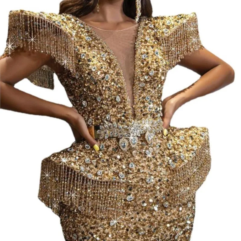 

Party Dress Women Spring Autumn Sexy Tassel Sequin Dresses Sleeveless O-neck Slim Banquet Dinner Ladies Long Dress
