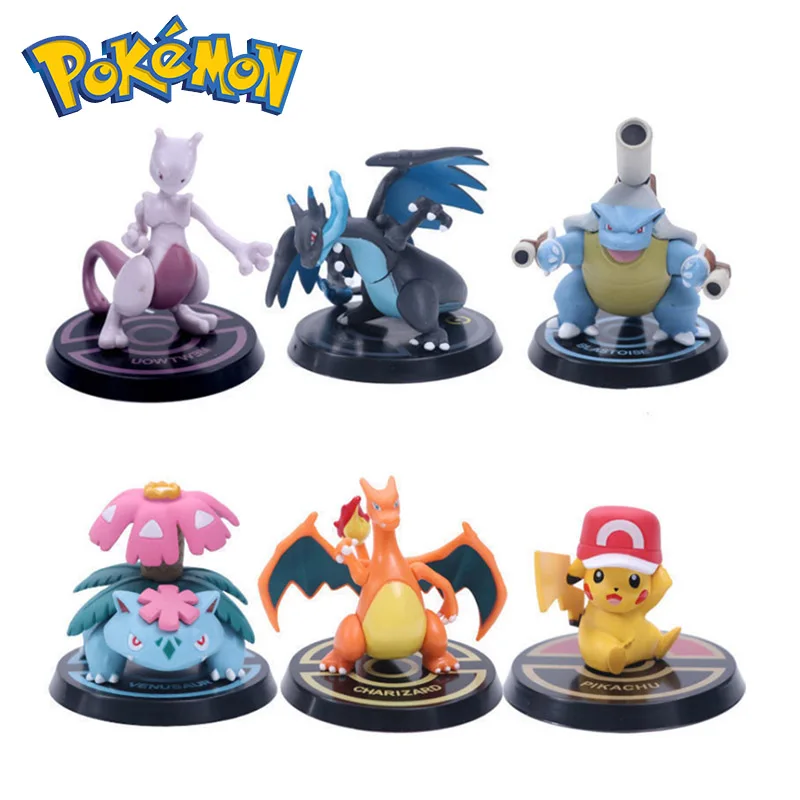 

6pcs-sets Pokemon Anime Figure Pikachu Mewtwo With Base Charizard Blastoise Venusaur Dracaufeu Pvc Model Toys For Children Gifts