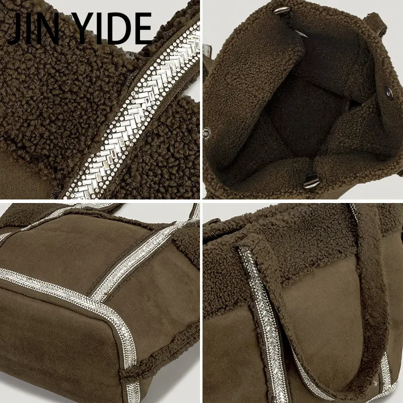 Vintage Diamonds Lambswool Large Tote Bag Suede Women Handbags Luxury Faux Fur Shoulder Crossbody Bags Big Shopper Purses 2023