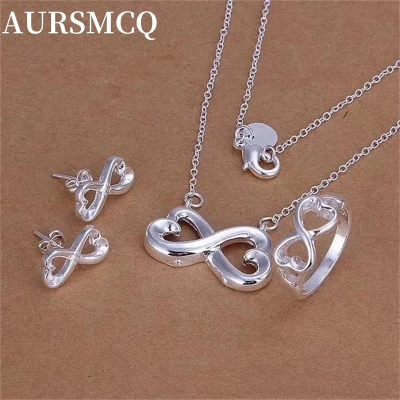

925 silver color lady women Valentine's Day gift creative ring necklace stud earrings fashion jewelry set wedding party nice