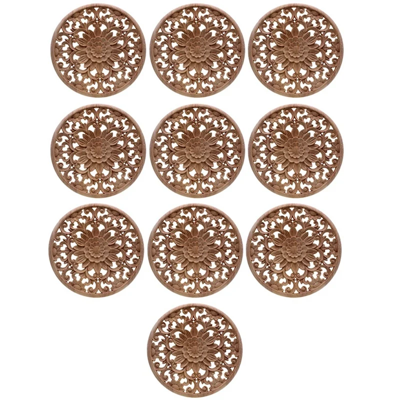 

10X Carved Flower Carving Round Wood Appliques For Furniture Cabinet Unpainted Wooden Mouldings Decorative Figurine