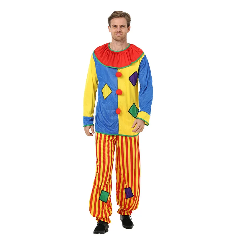 

Children's day Christmas New Year Men Clown Cosplay Costume Adult buffoon Halloween Cosplay clothes jumpsuit Top + Pants + Nose