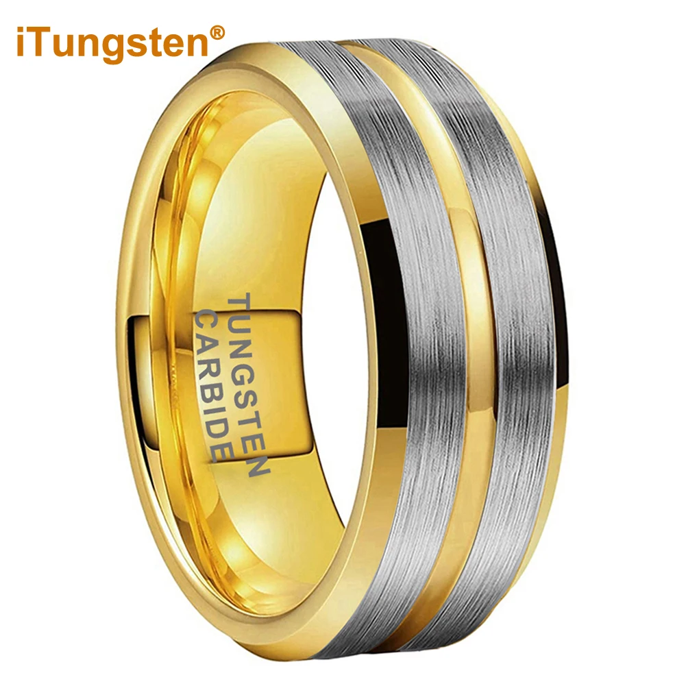 

iTungsten 6mm 8mm Gold Tungsten Ring Men Women Engagement Wedding Band Fashion Jewelry Two Tone Matte Beveled Edges Comfort Fit