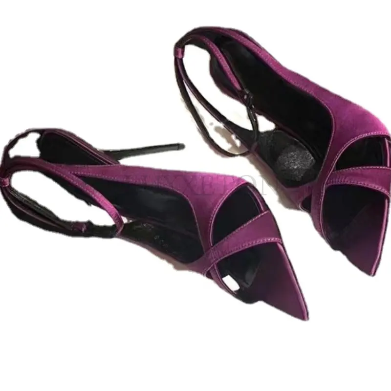 

Новые модные шелковые женские туфли с острым носком на тонком высоком каблуке с ремешком на щиколотке с пряжкой Женская деловая обувь с ремешком на пятке туфли-лодочки