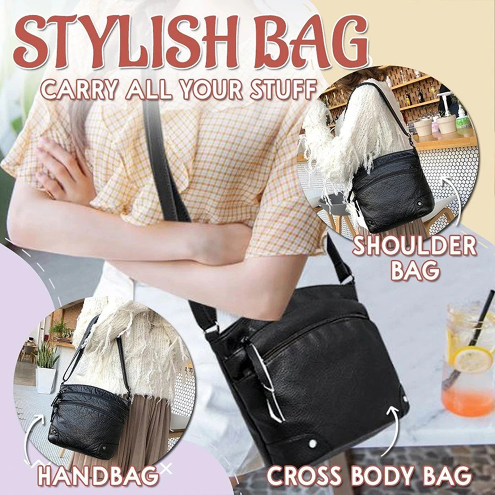 Women Small Crossbody Bag Soft PU Leather Triple Zip Sling C