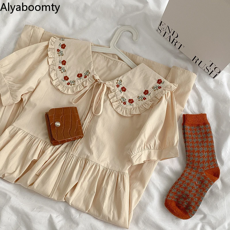 

Платье женское хлопковое с круглым вырезом, свободное элегантное платье в японском стиле девушки Мори, элегантная хлопковая лента абрикосо...