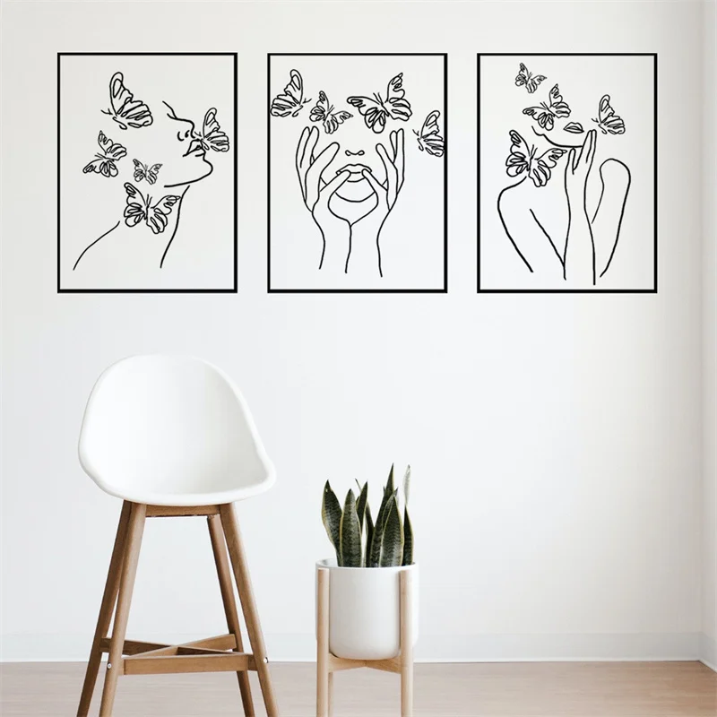 3pcs Beauty Portrait Wall Stickers Butterfly Art Simple Line Decorative Painting Living Room Home Self-adhesive PVC Wallpaper