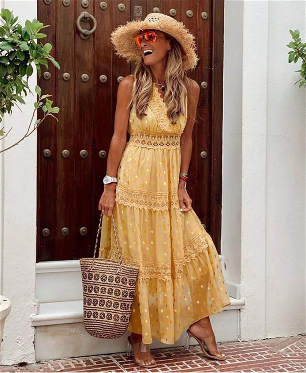 Women Fashion Chiffon Dress Sexy Deep V Sleeveless Loose Bohemia Beach Dress Elegant Sweet Shining Printing Dot Lace Dresses