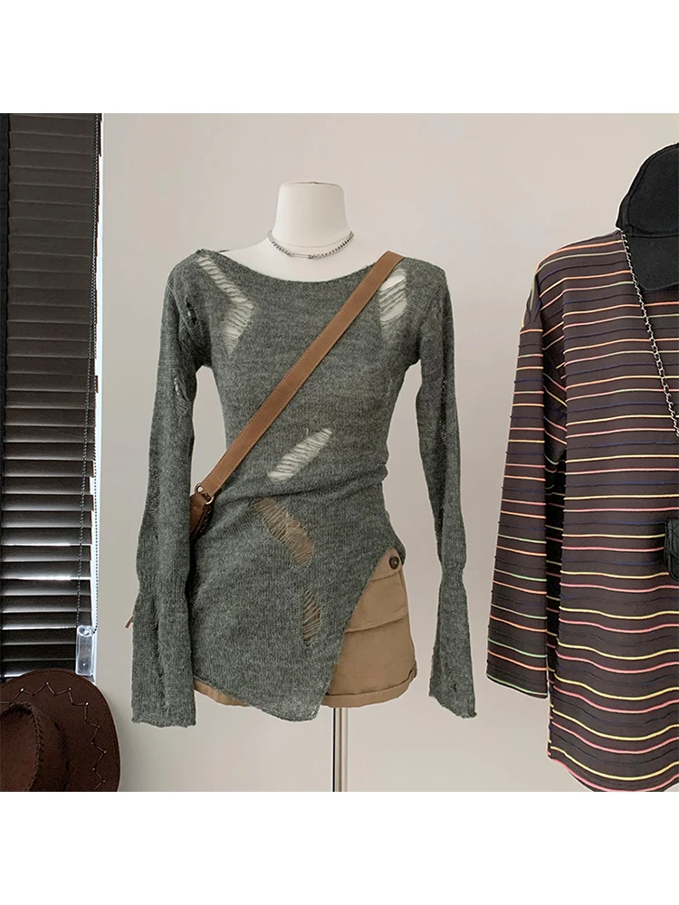 Женский серый пуловер с длинным рукавом вязаный свитер в стиле Харадзюку