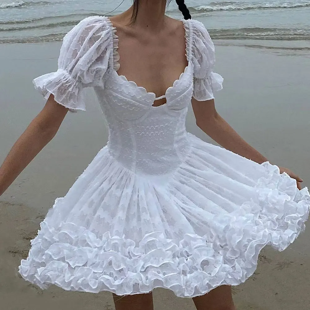 

women's white princess dress high waist mini pleated dress short sleeve fashion robe