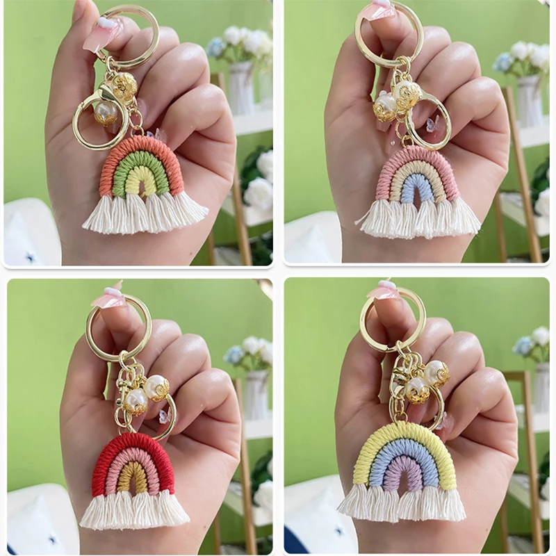 2022 Boho Cotton Rainbow Tassel Keychains For Women Cute Macrame Weaving Car Keyring Holder Bag Wallet Purse Jewelry Accessories