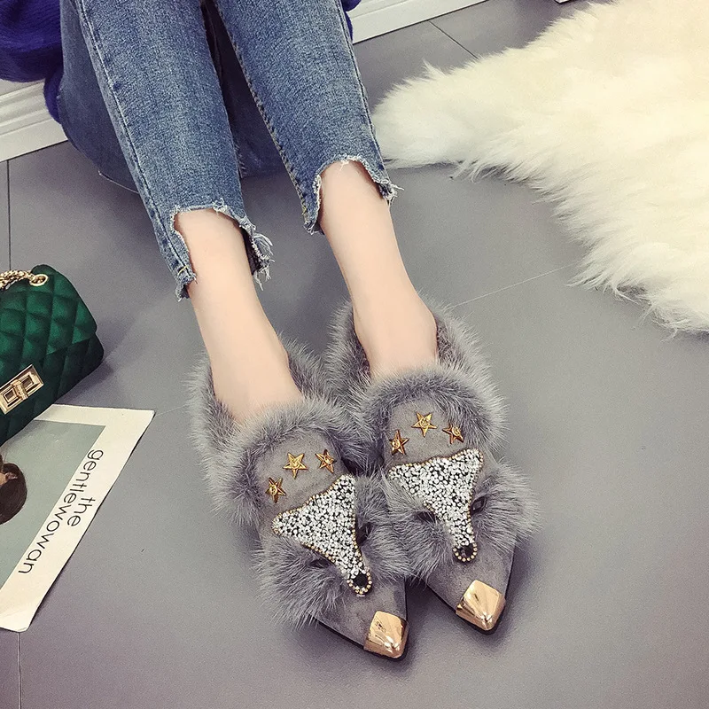 Diamond Fox Pattern Fur Shoes Flat Loafers Women Luxury Brand Pointed Toe Bling Woman Flats Slip On Casual Party Shoes