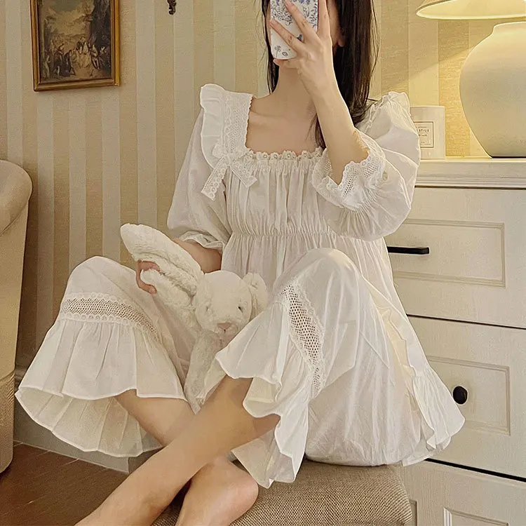 

Retro Pajamas for Women Cotton Two Piece Set Half Sleeve Square Collar Pullover Top Loose Flared Trousers Loungewear Pjs Female
