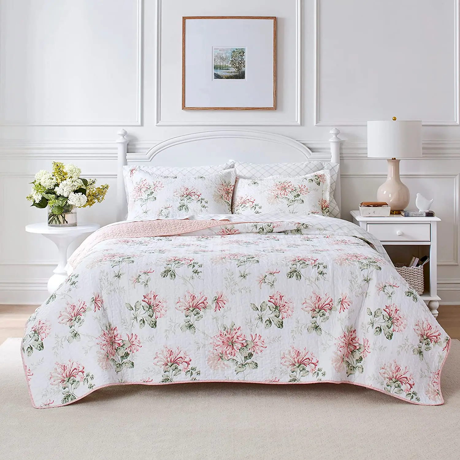 

Queen Quilt Set, Cotton Reversible Bedding with Matching Shams, Home Decor Ideal for All Seasons (Honeysuckle Pink, Queen)