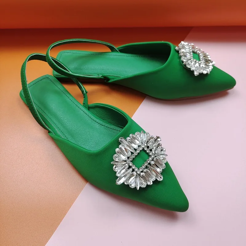 HOT Mules Women High Heels 2022 New Summer Sandals Rhinestones Party Wedding Shoes Pink Green Kitten Heels Ladies Classic Pumps