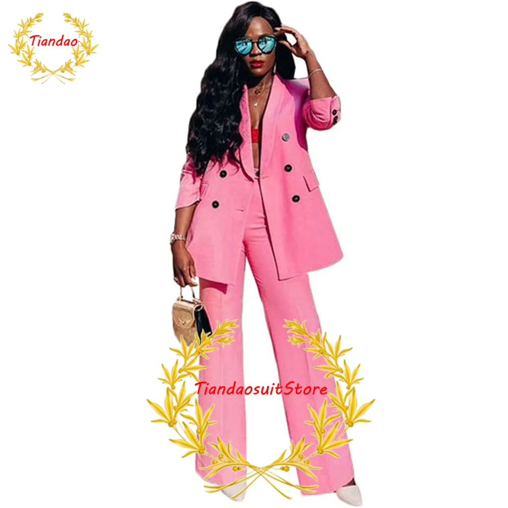 Pink Suit for Women Double Breasted Jacket Pants 2 Piece Formal Business Workwear Lady Wedding Tuxedo Blazer