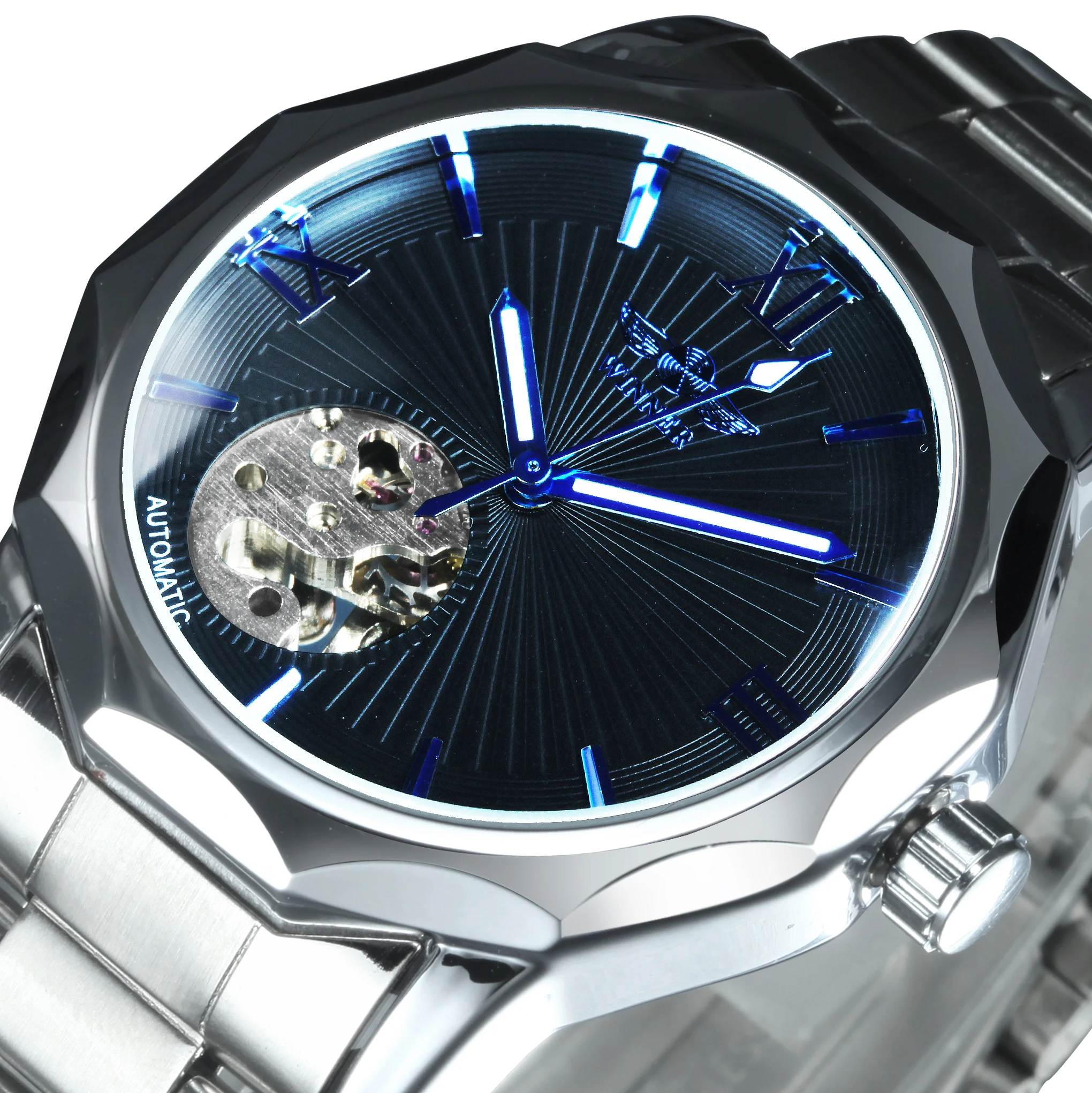 

Blue Ocean Geometry Design Stainless Steel Simple Small Dial Skeleton Mens Watches Top Brand Luxury Automatic Watch Men